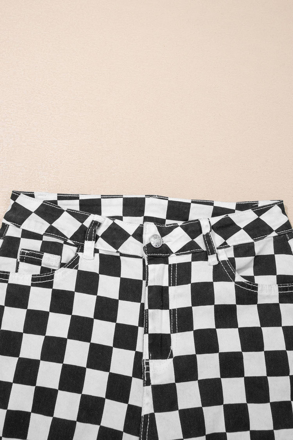 Checkerboard Print Distressed Holes Raw Edge Cropped Jeans