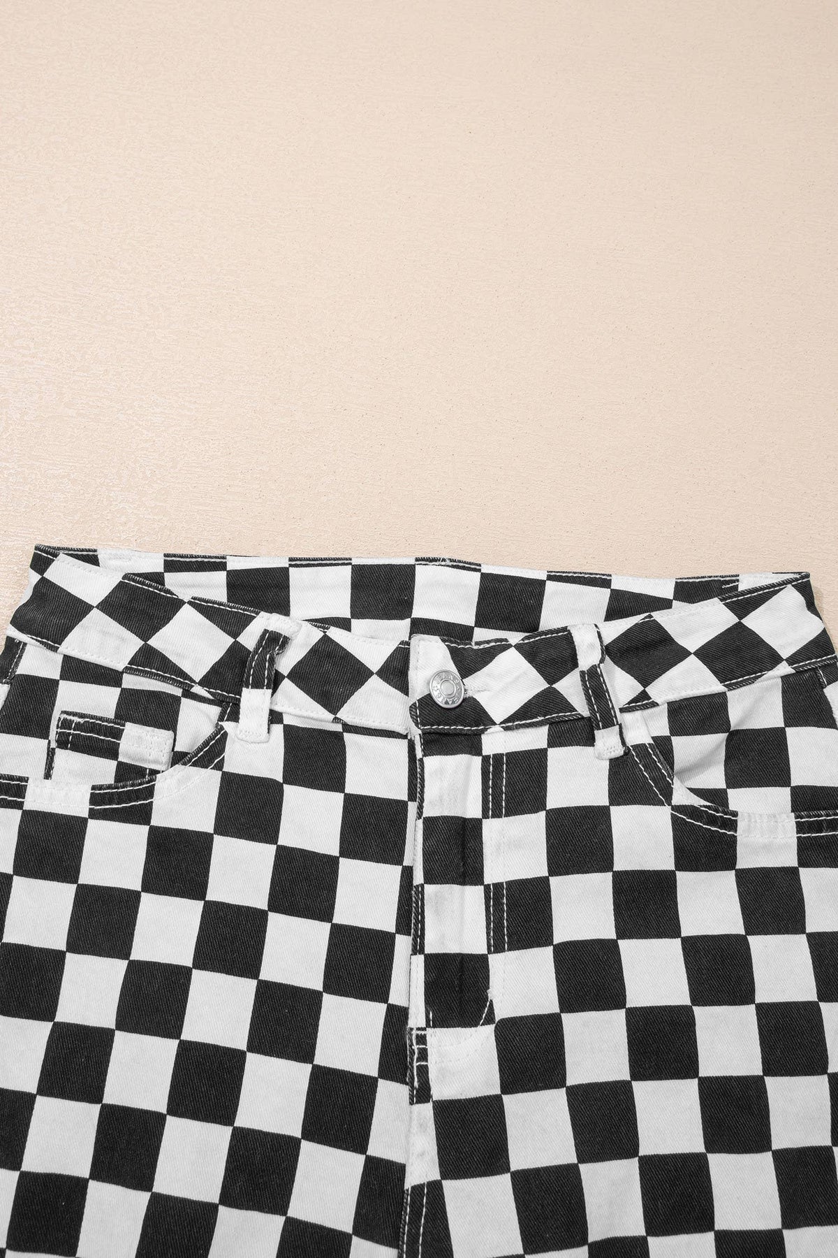 Checkerboard Print Distressed Holes Raw Edge Cropped Jeans