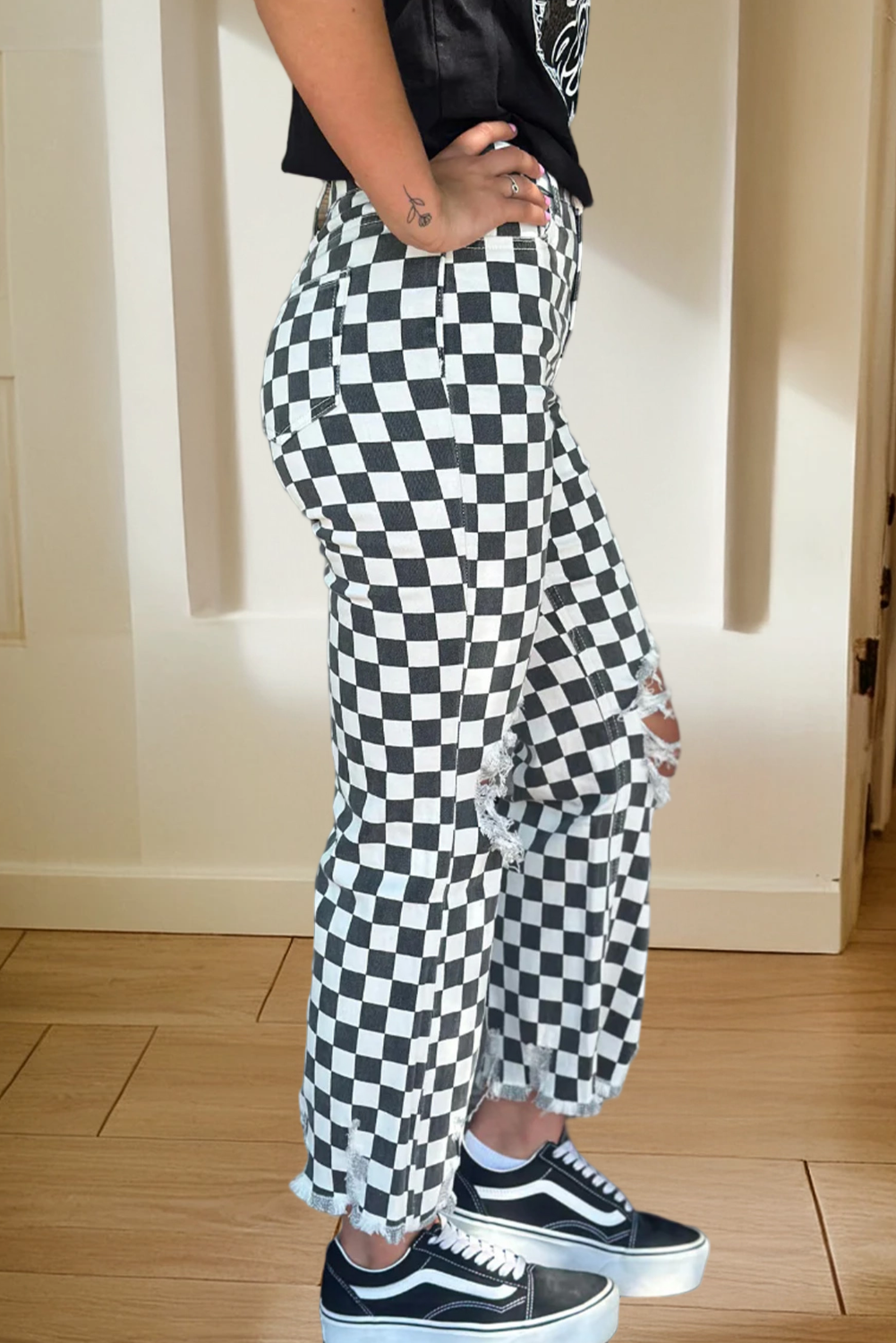 Checkerboard Print Distressed Holes Raw Edge Cropped Jeans