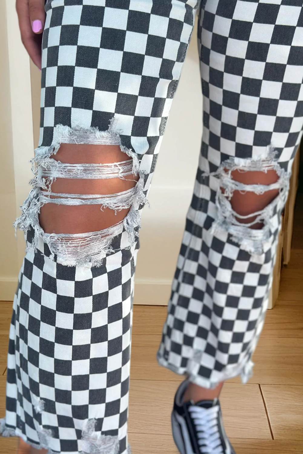 Checkerboard Print Distressed Holes Raw Edge Cropped Jeans