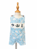 Blue western printed baby romper with snaps.