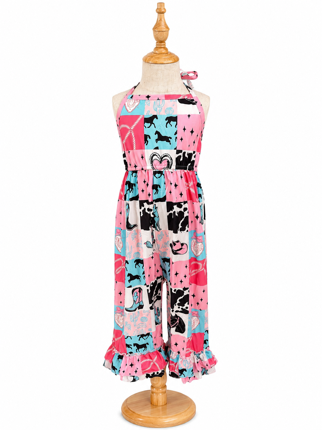 Western Ruffle halter jumpsuit/multi printed patch