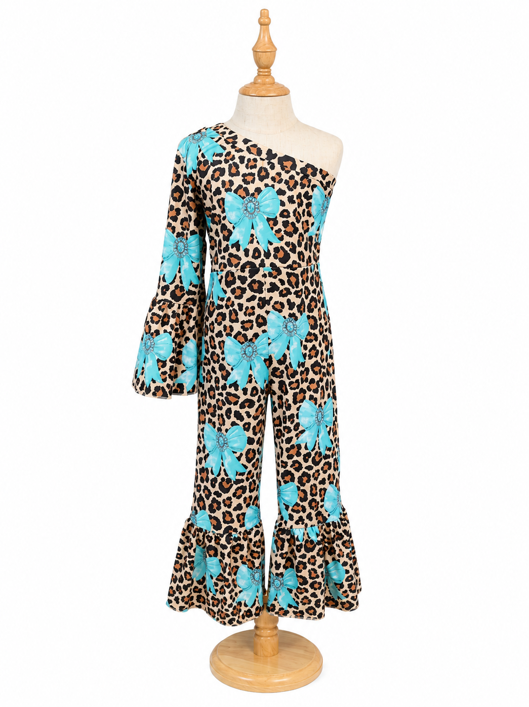 Cheetah printed cold shoulder jumpsuit w/ blue coquette bow