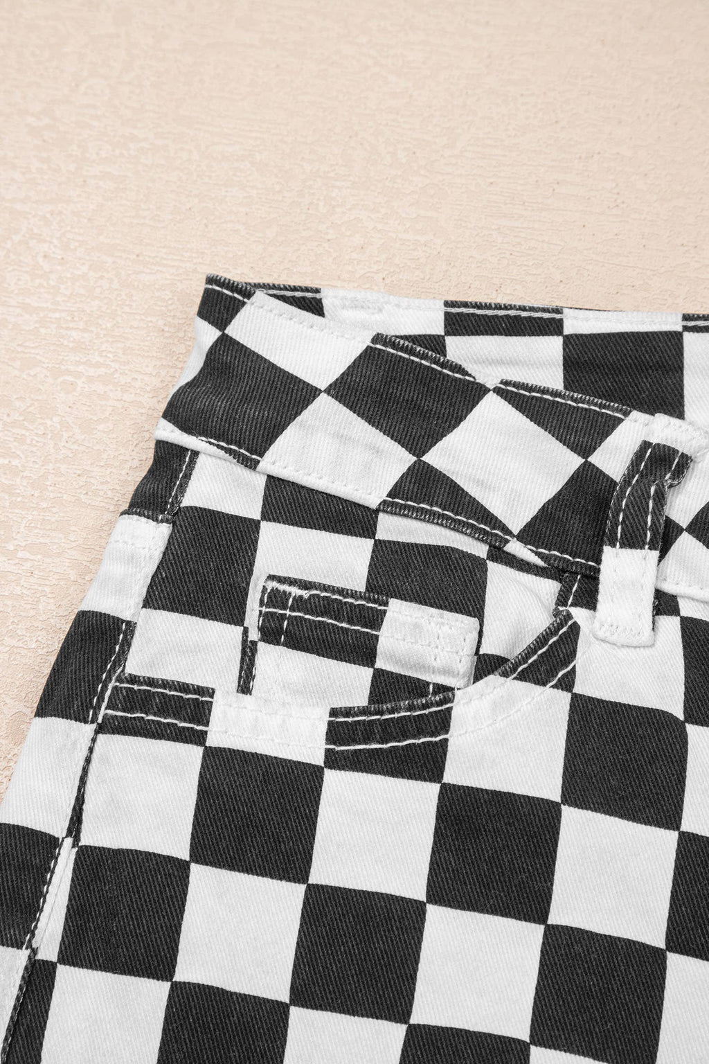Checkerboard Print Distressed Holes Raw Edge Cropped Jeans