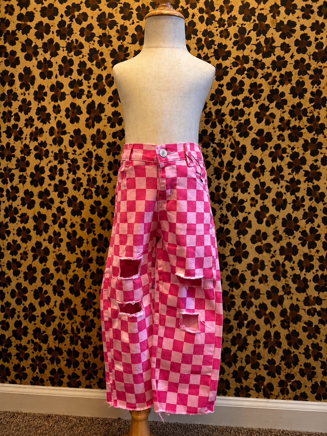 Pink checkered denim jeans