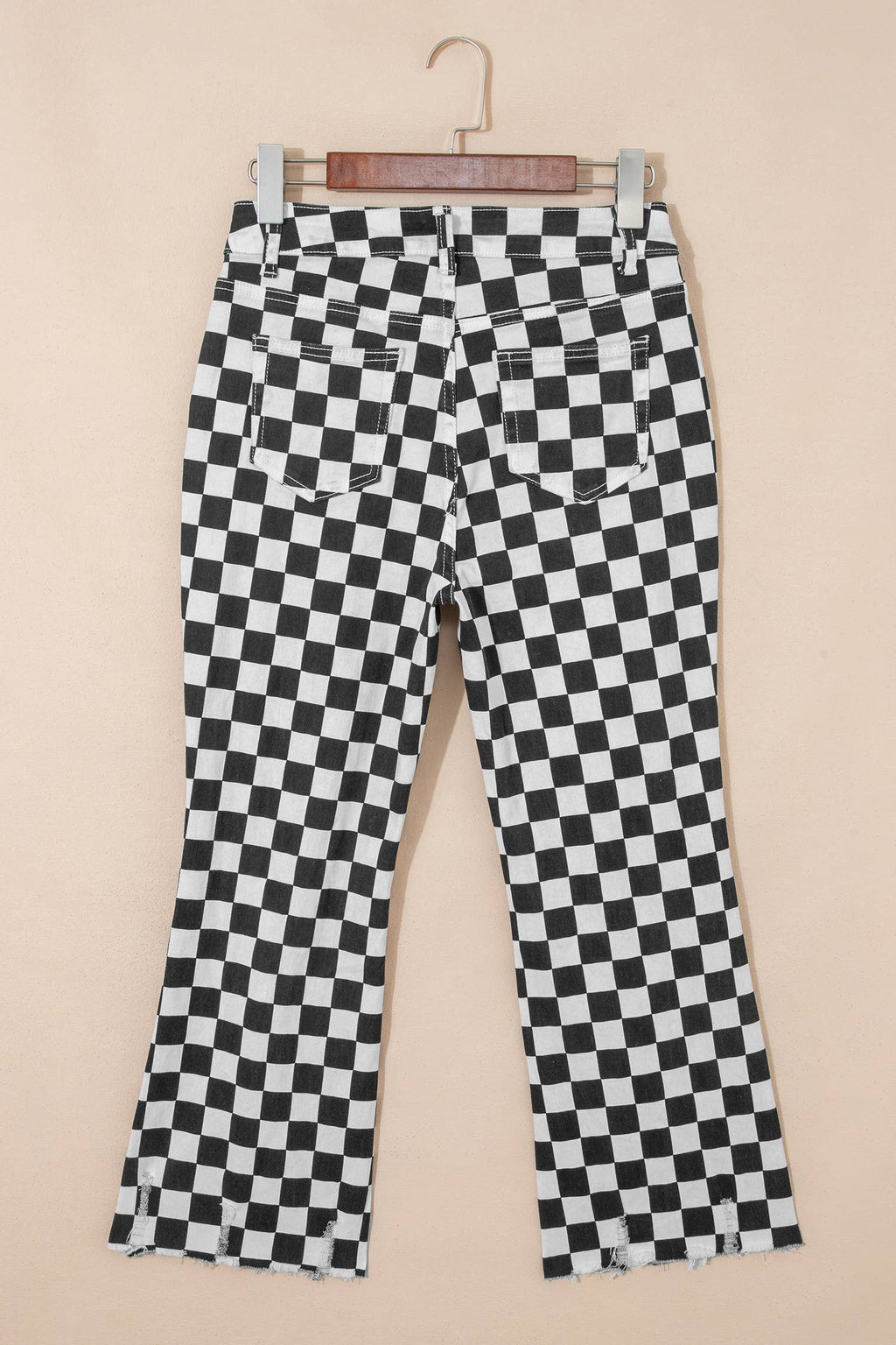 Checkerboard Print Distressed Holes Raw Edge Cropped Jeans