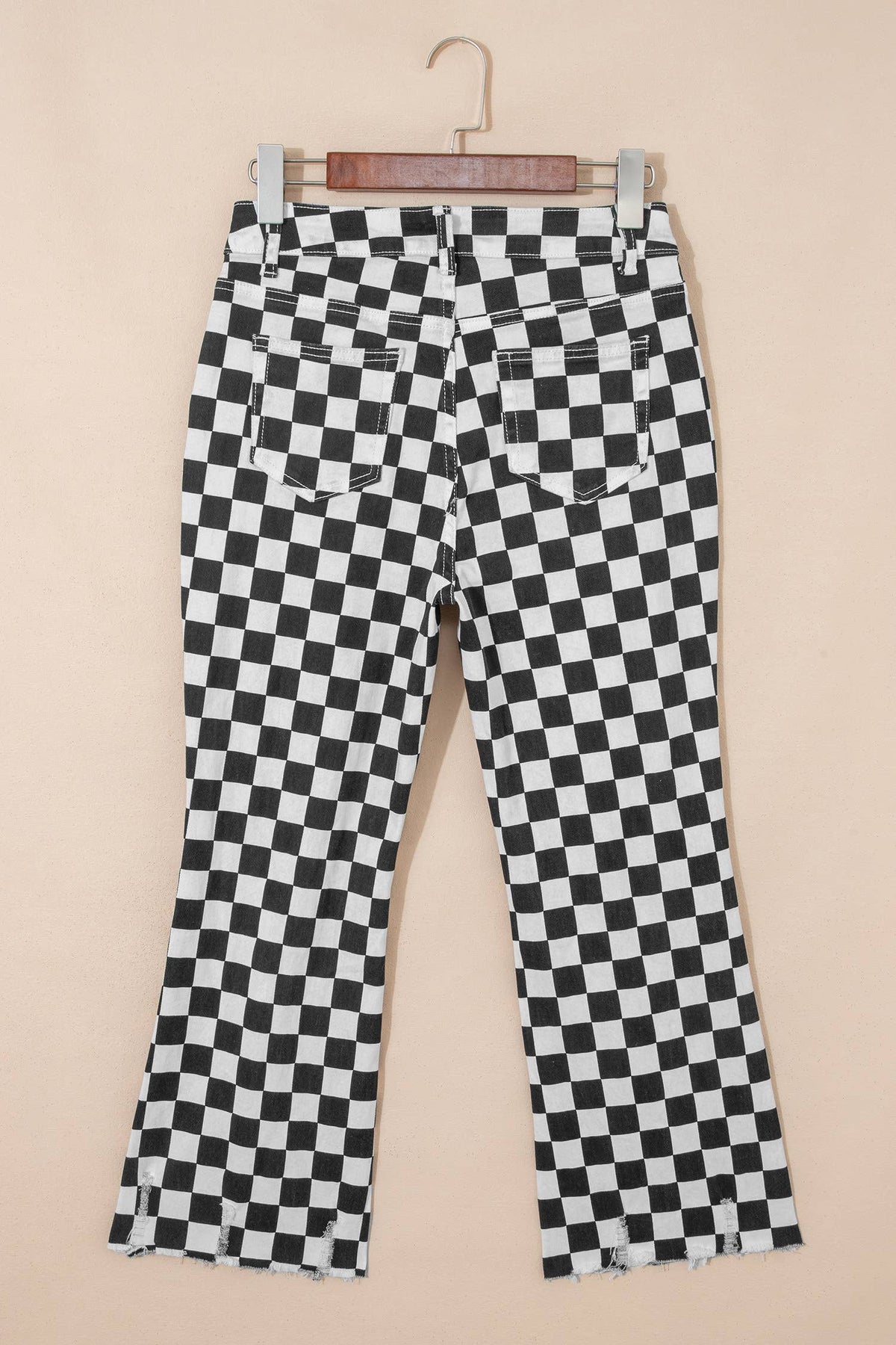 Checkerboard Print Distressed Holes Raw Edge Cropped Jeans