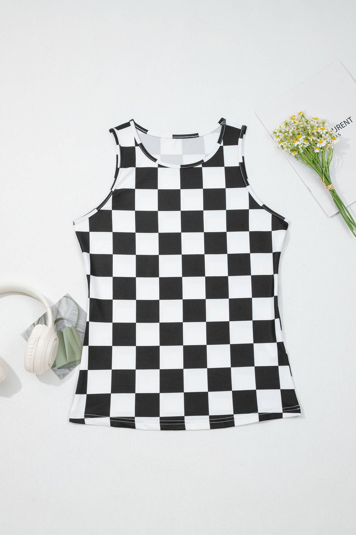 Western Checkerboard Printed Slim Tank Top