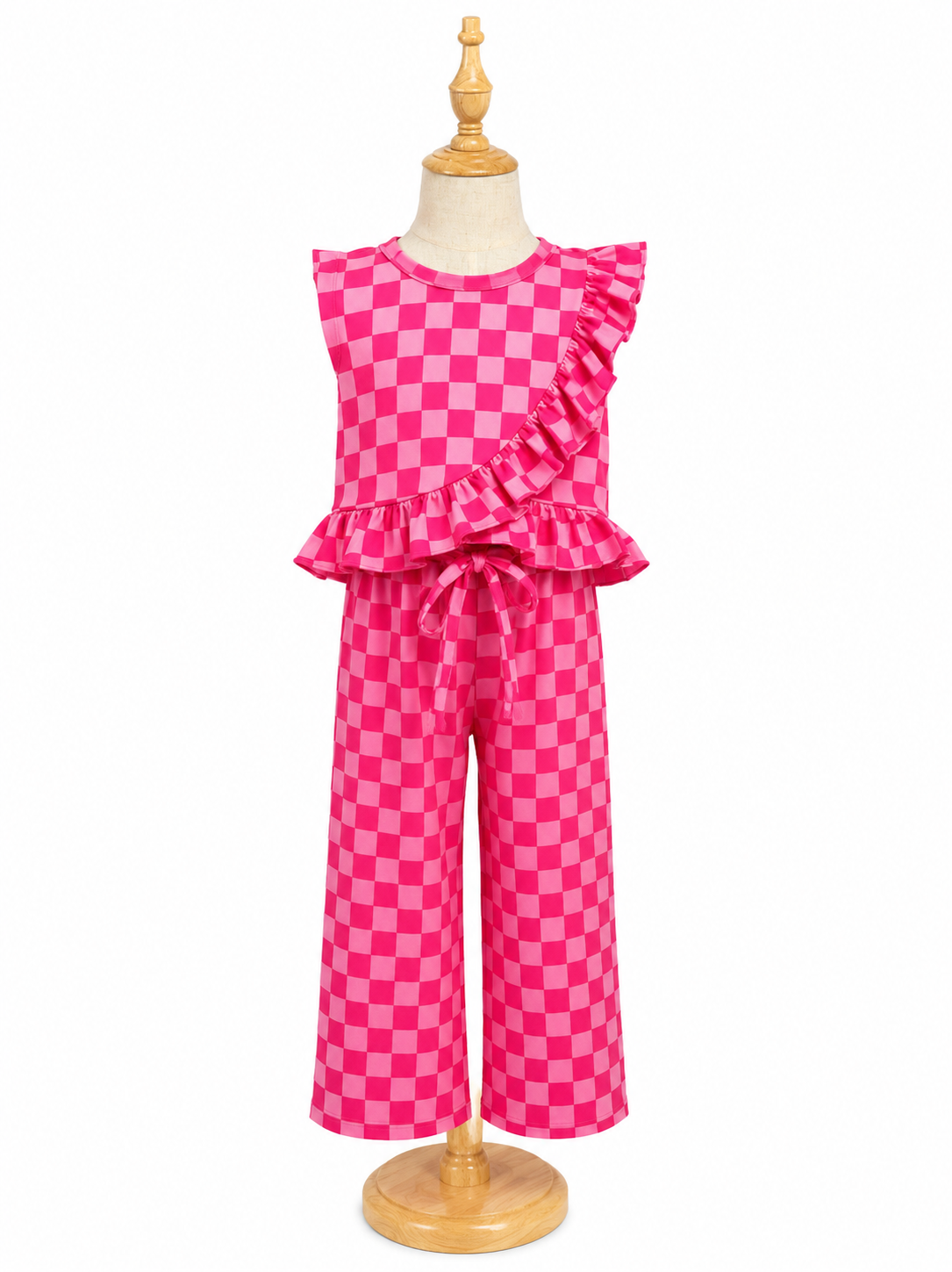 Hot pink & Lt.Pink checkered printed ruffle top & straight cut pants