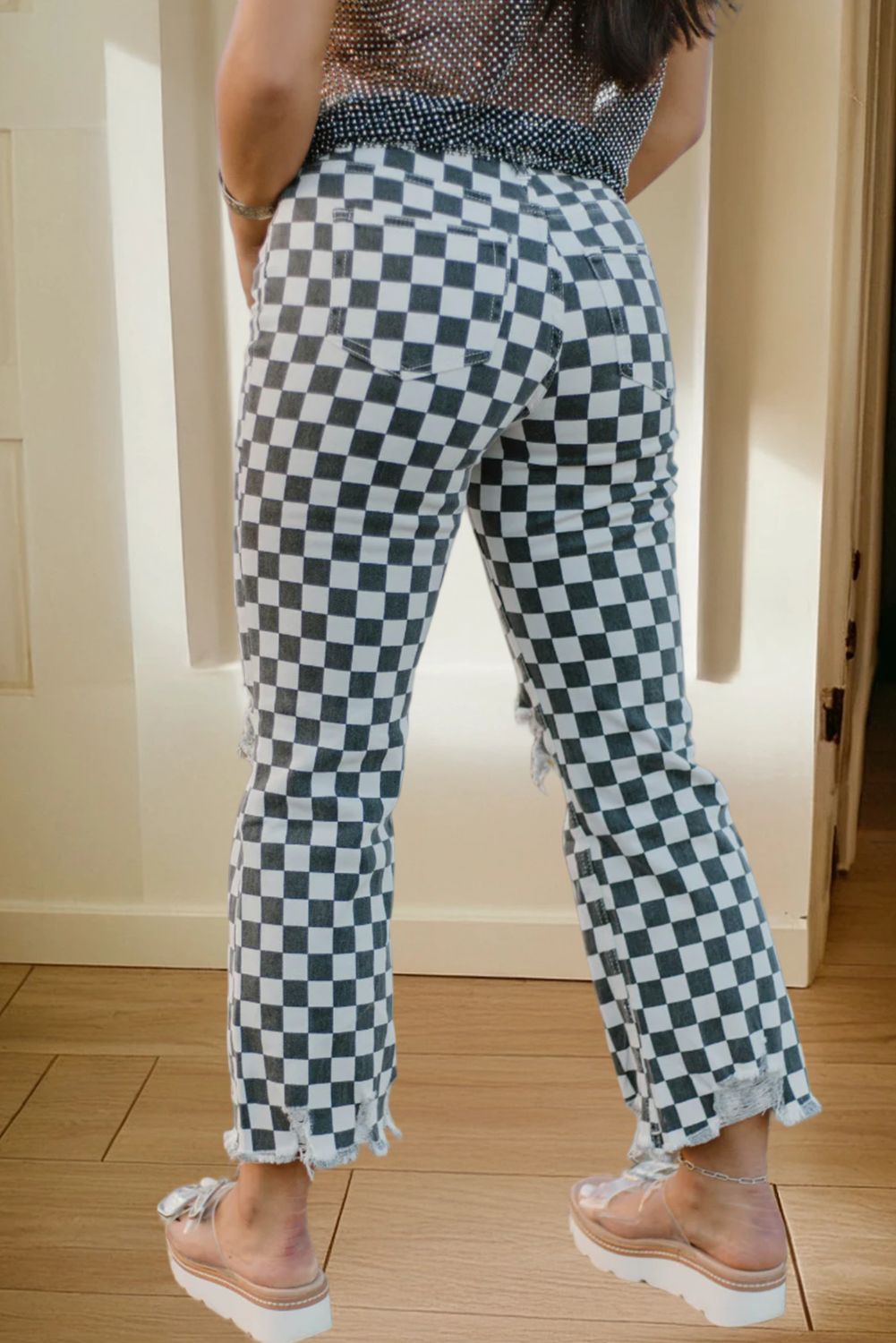 Checkerboard Print Distressed Holes Raw Edge Cropped Jeans