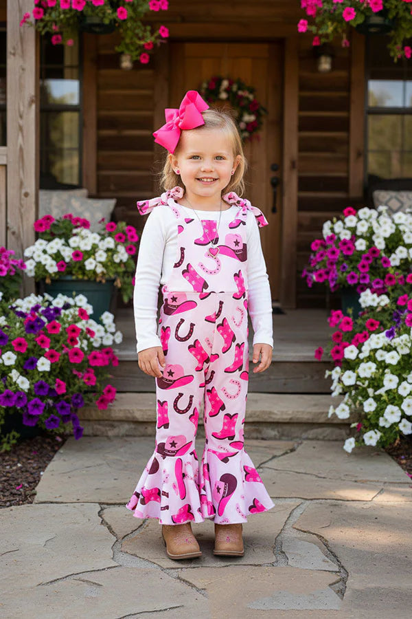 Boots printed pink one piece bell bottom girls overall jumpsuit