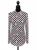 Checkered 8-ball cherries printed sheer long sleeve women blouse