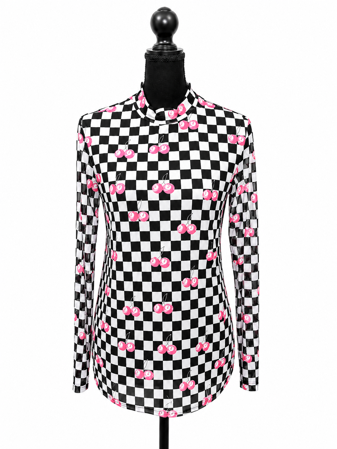 Checkered 8-ball cherries printed sheer long sleeve women blouse