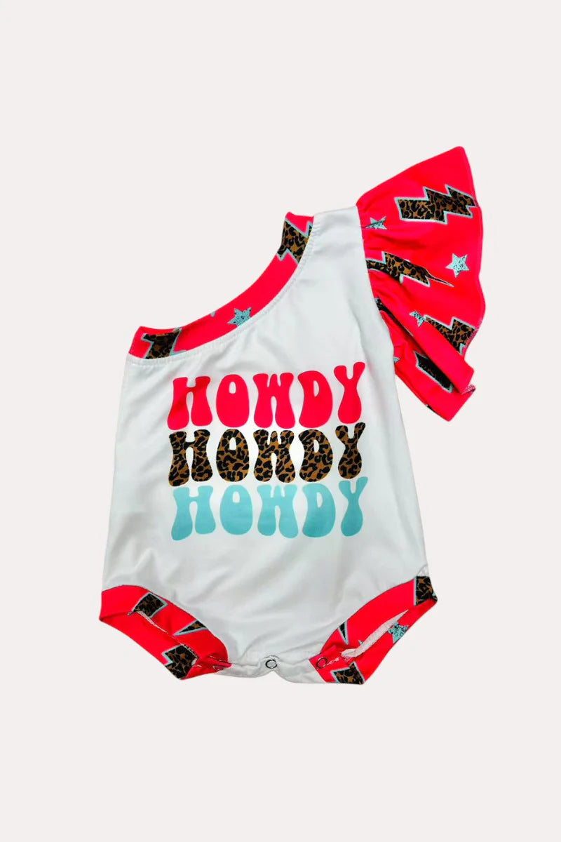 HOWDY, HOWDY, HOWDY" one ruffle sleeve bubble baby romper