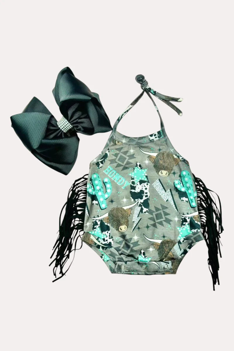 HOWDY & cow print baby romper w/tassels