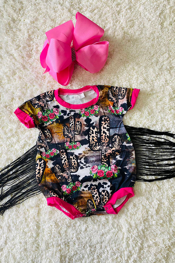Western leopard cactus & floral prints baby romper with tassels