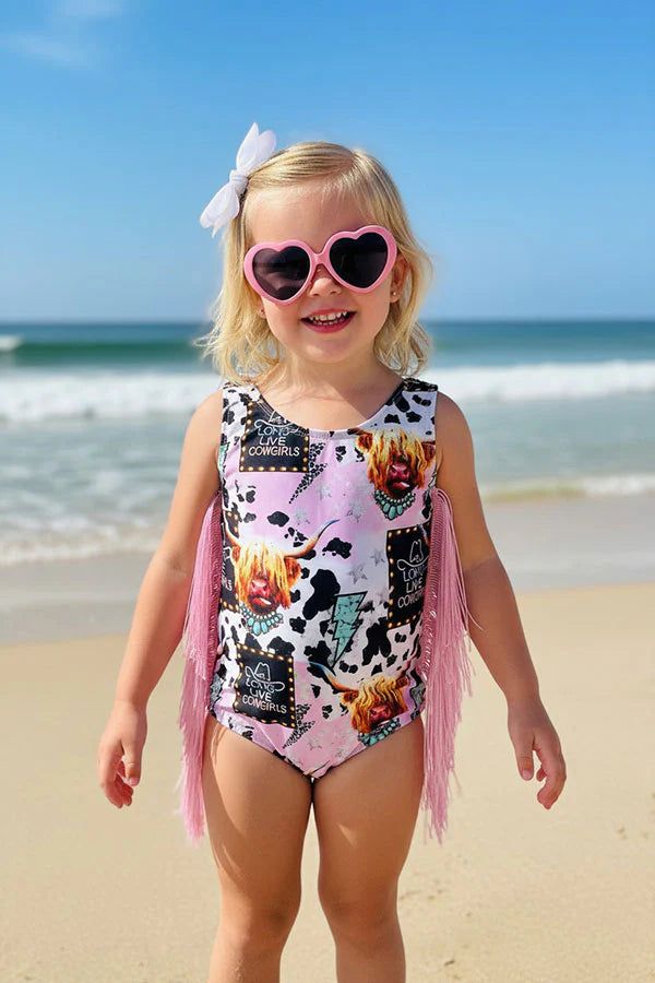 Western ranch cows print girls boutique swimsuits w/fringe tassels