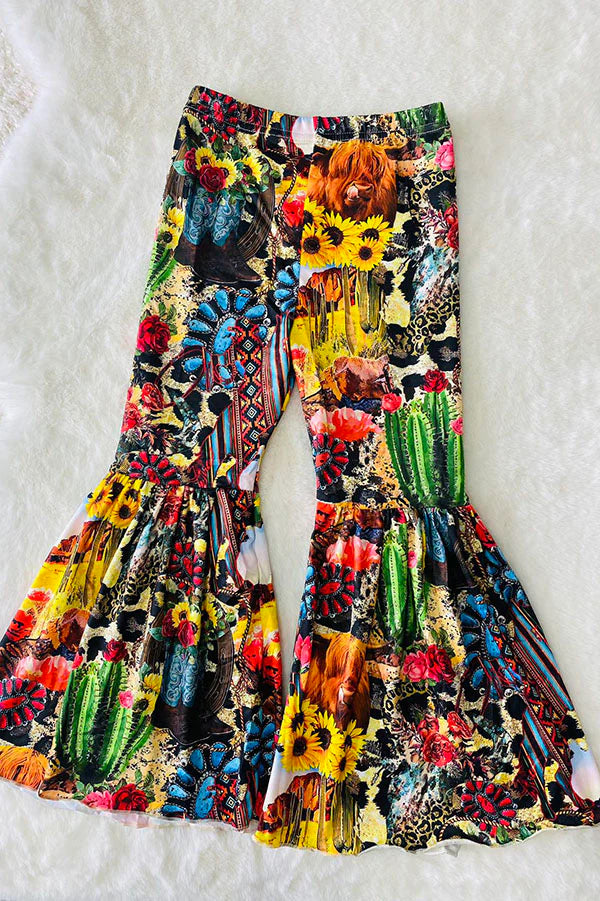 Western sunflower & jewel, cow girls printed bell bottoms