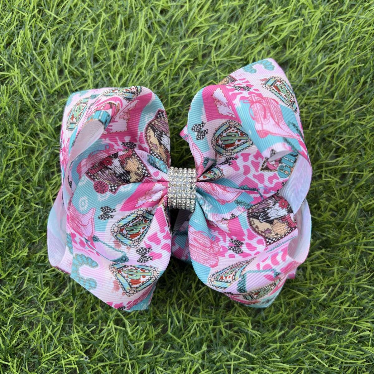 Pink cow western printed double layer hair bow