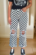 Checkerboard Print Distressed Holes Raw Edge Cropped Jeans
