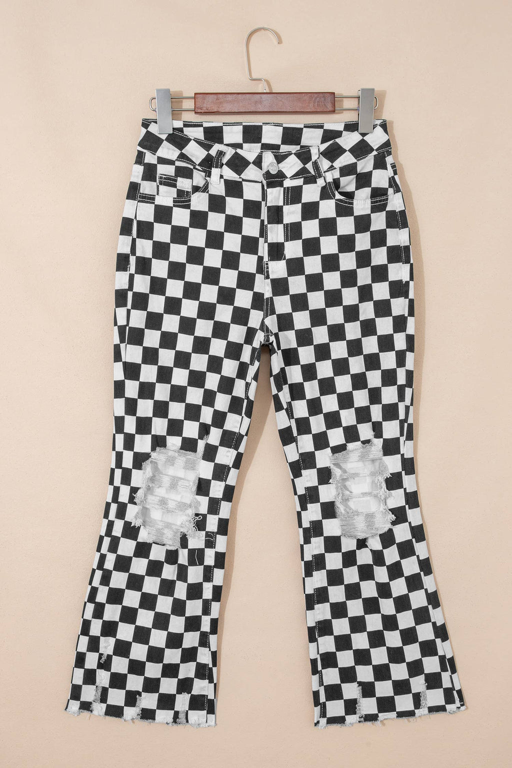 Checkerboard Print Distressed Holes Raw Edge Cropped Jeans