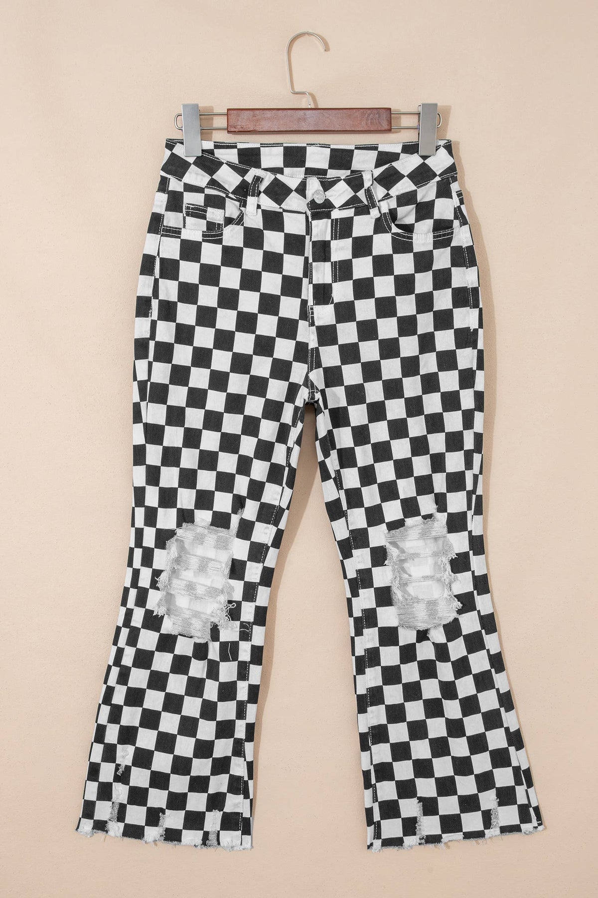 Checkerboard Print Distressed Holes Raw Edge Cropped Jeans