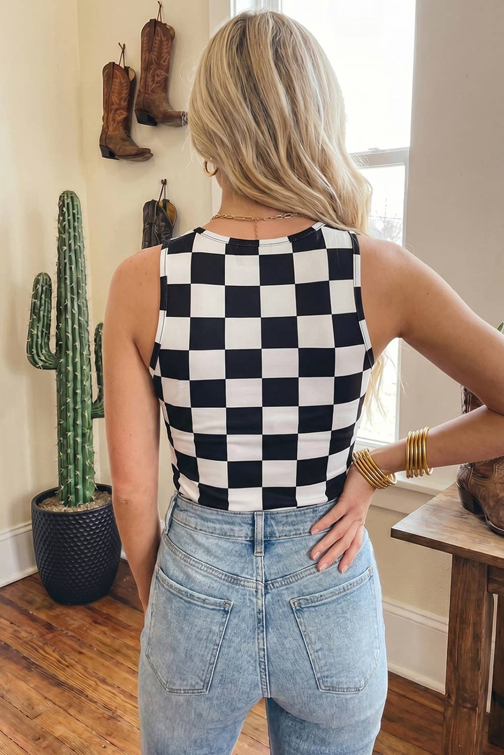 Western Checkerboard Printed Slim Tank Top